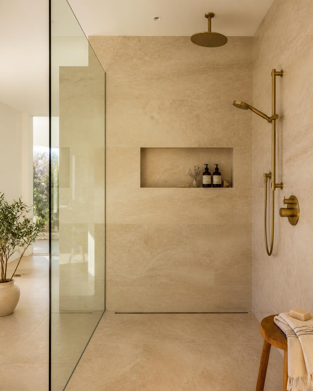 Stone-look walk-in — Custom shower project by DSW Flooring in Lubbock